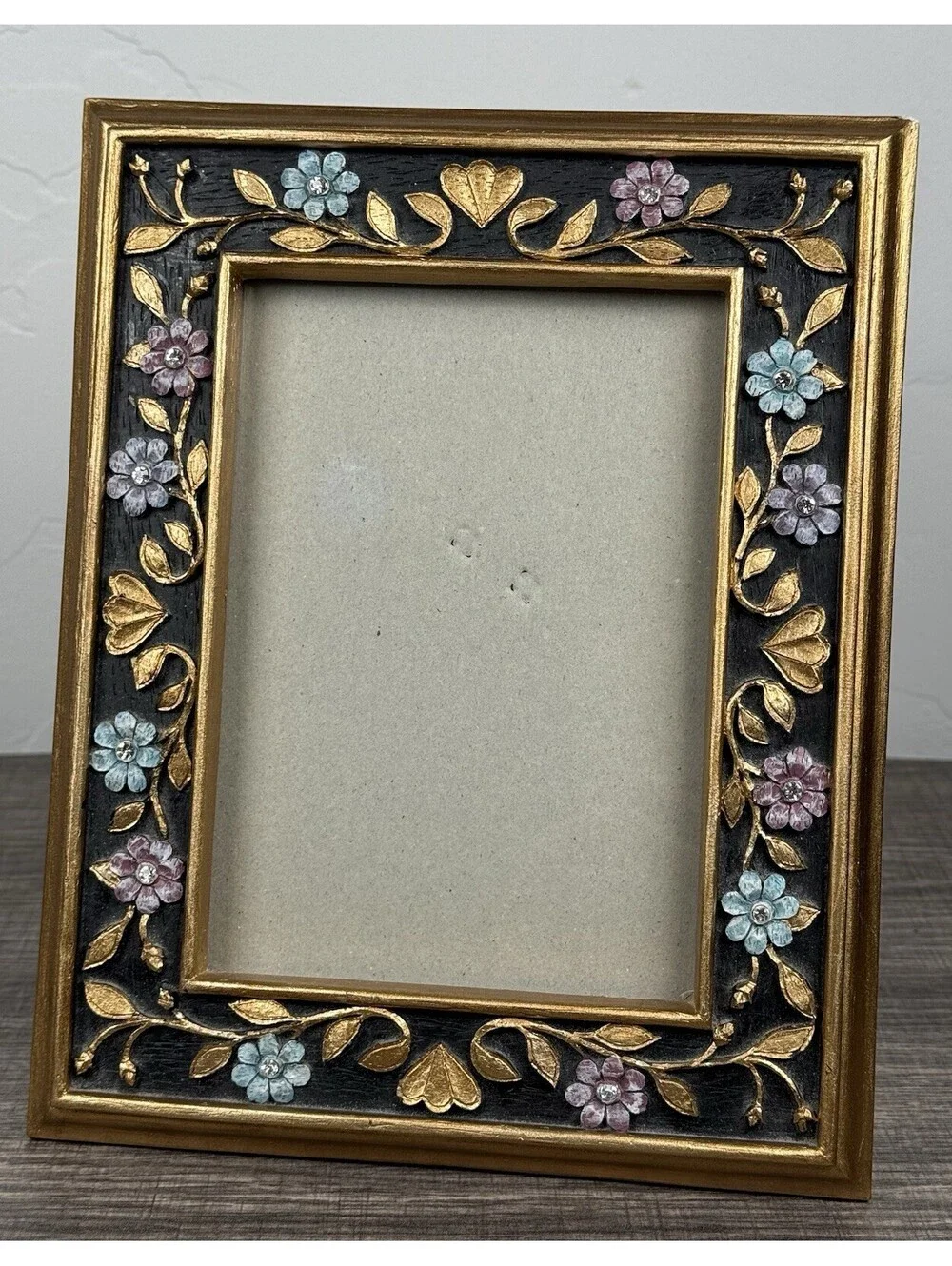 Vtg Floral Picture Frame Bejeweled Gold Black 4.5x6.5 Cottagecore Easel 10x8